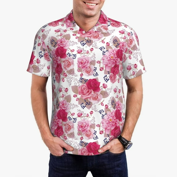 Kdxio Peonies And Roses Print Men's Short Sleeve Polo Shirt,Midweight Men's Shirt