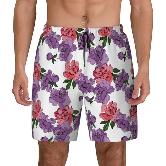 Kdxio Peonies Print Men's Swim Trunks with Compression Liner 7 Inch Inseam Quick Dry Swim Shorts