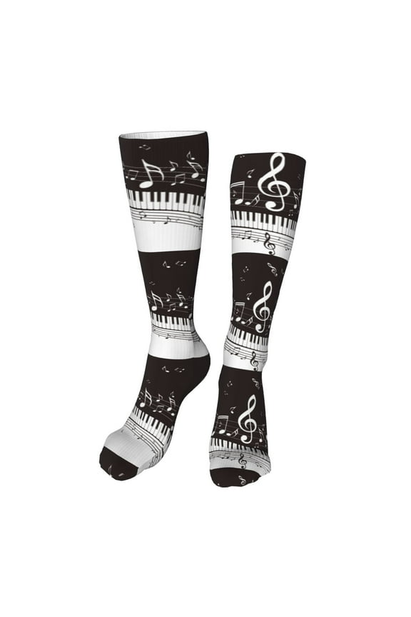 Piano Keys With Musical Notes Funny Silky Novelty Funky Long Knee High Socks Soft 3D Print Cosplay Crazy Stockings for Men Women