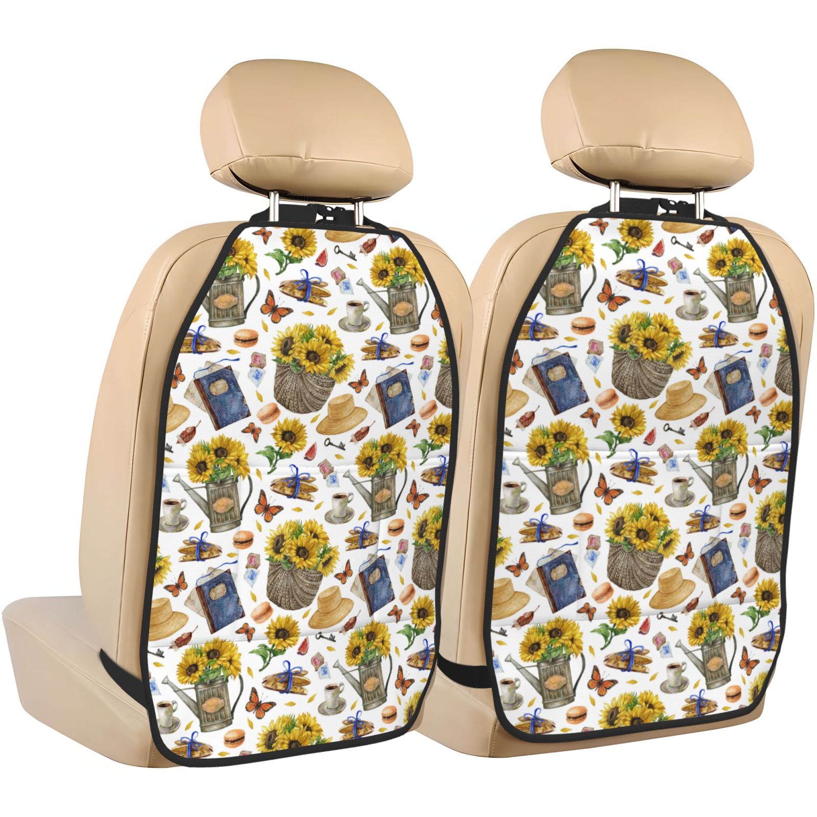 Kdxio Picnic Print 2 Pack Car Kick Mat Seat Cover Back Protector Mat with Pockets for Organizer Backseat Protector and Storage Anti Kick Pad for Vehicles