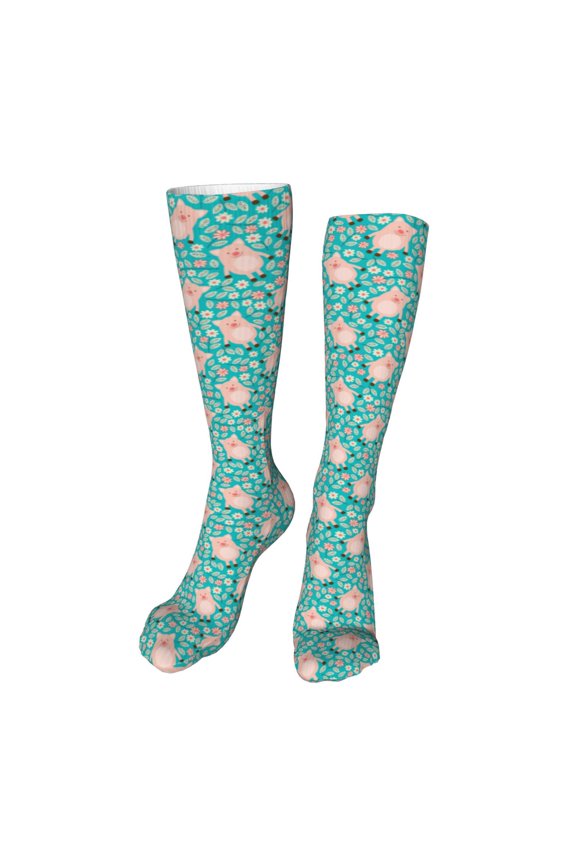 Pig And Flower Funny Silky Novelty Funky Long Knee High Socks Soft 3D Print Cosplay Crazy Stockings for Men Women