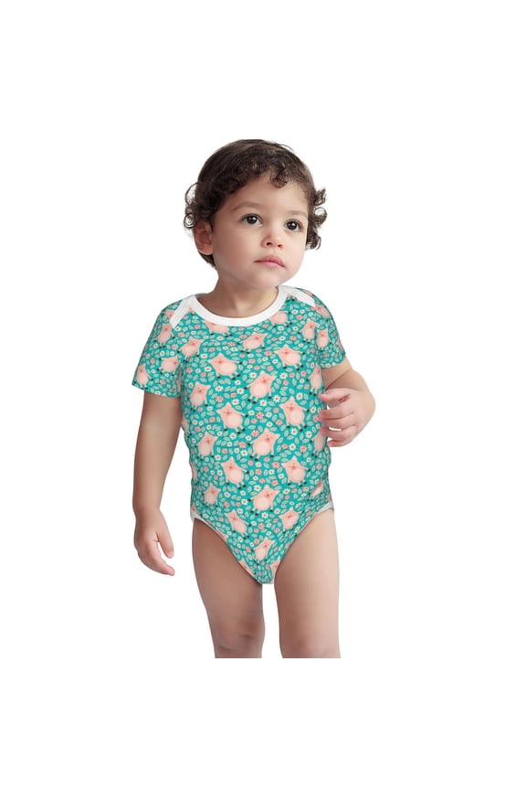 Pig And Flower Pattern Unisex Baby Cotton Short Sleeve Bodysuits-6 Months