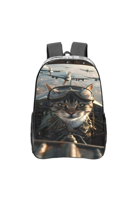 Pilot Cat In Vintage Plane Clear Backpack, Transparent Bookbag for School for Women Men, Capacity Clear Bag for College, Travel