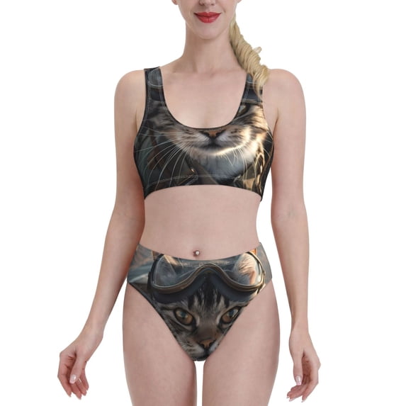 Kdxio Pilot Cat In Vintage Plane for Womens High Waisted Bikini Top Sports Style Two Piece Bathing Suits