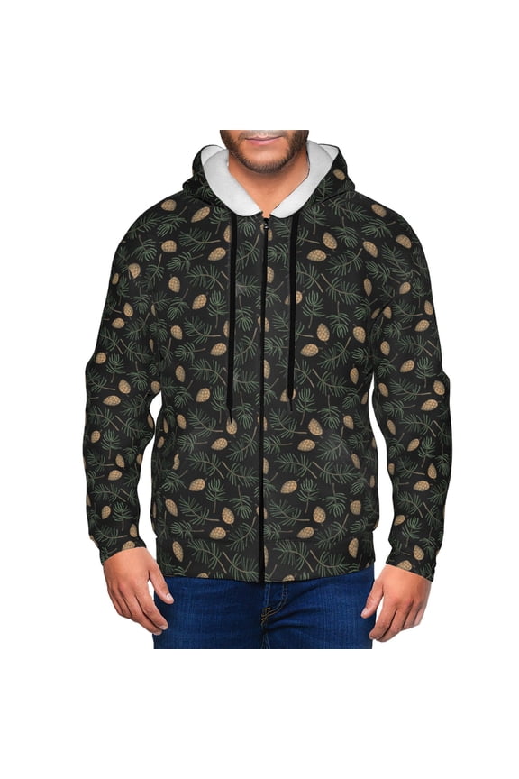 Pine Cone Woodland Pattern Print Men Hoodies Casual Hoodies for Men with Zip Pockets Full Zip Long Sleeve Sweatshirt Sports Hooded Jacket-X-Large