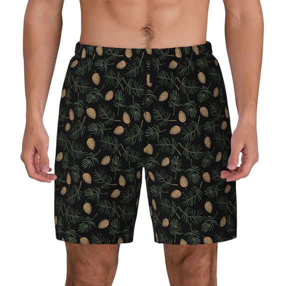Kdxio Pine Cone Woodland Pattern Print Men's Swim Trunks with Compression Liner 7 Inch Inseam Quick Dry Swim Shorts