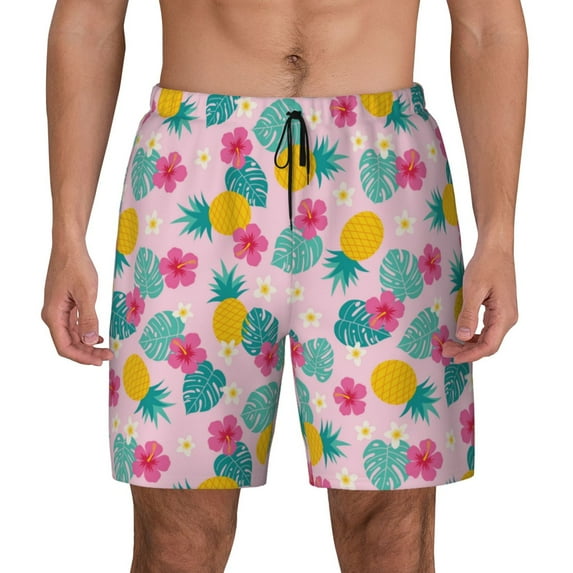 Kdxio Pineapple And Leaves Print Men's Swim Trunks with Compression Liner 7 Inch Inseam Quick Dry Swim Shorts