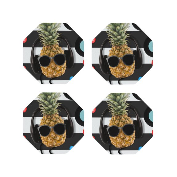 Kdxio Pineapple With Black Glasses Funny Coasters,4 Pcs Leather Coasters,Housewarming Gifts,Protect Furniture from Water Marks Scratch and Damage