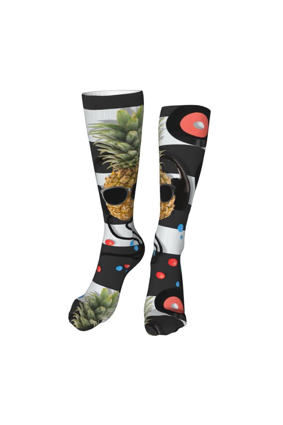 Pineapple With Black Glasses Funny Silky Novelty Funky Long Knee High Socks Soft 3D Print Cosplay Crazy Stockings for Men Women