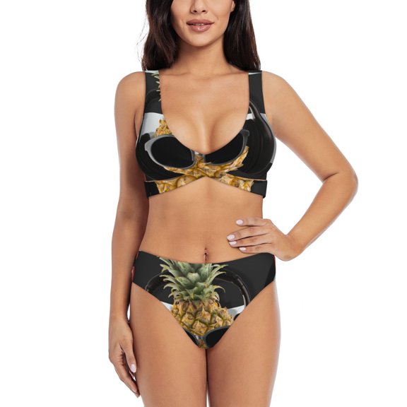 Kdxio Pineapple With Black Glasses Print Women's 2 Piece High Waisted Wrap Spaghetti Strap Summer Swimsuit Bikini Set-X-Large