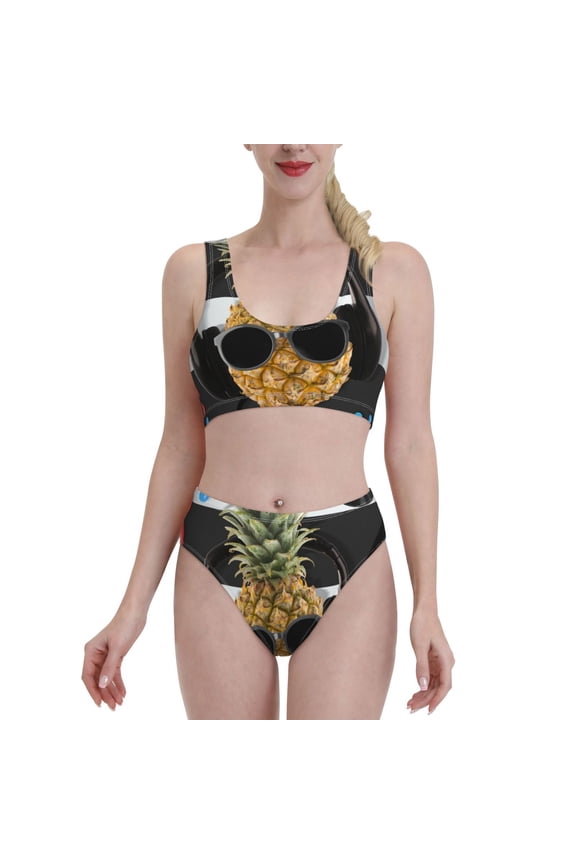 Pineapple With Black Glasses for Womens High Waisted Bikini Top Sports Style Two Piece Bathing Suits