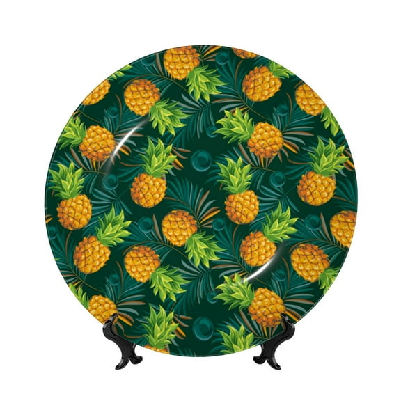 Kdxio Pineapples with Palm Leaves Bone China Decorative Plate Ceramic Decorative Plate for Home Office Wall Stand Decorative Plates for Home Bedroom-7in