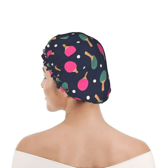 Kdxio Ping Pong Rackets And Balls Print Shower Cap for Women,Elastic and Reusable,Double Waterproof Layers Bathing Hat