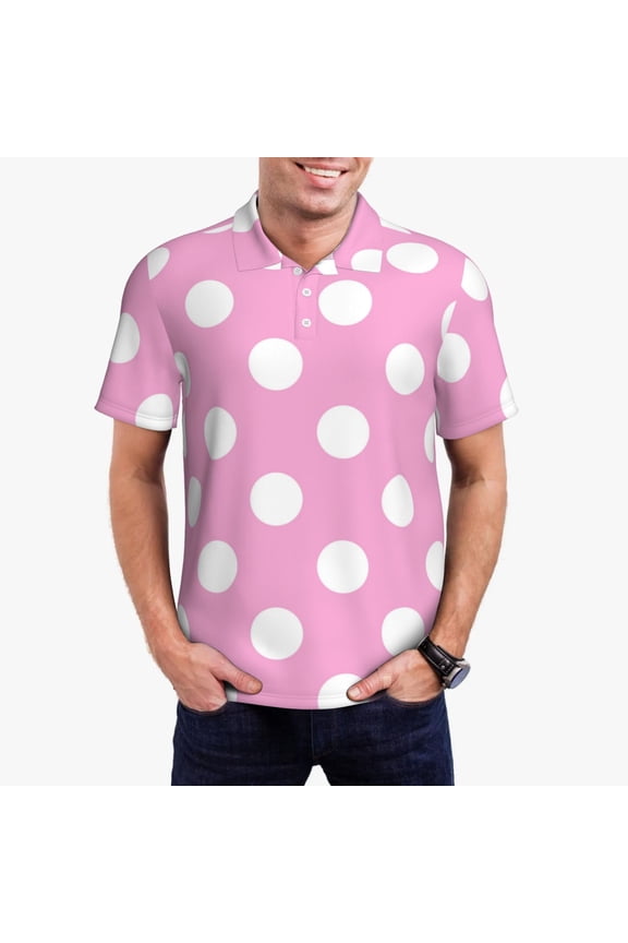 Pink And White Polka Dot Print Men's Short Sleeve Polo Shirt,Midweight Men's Shirt-Medium