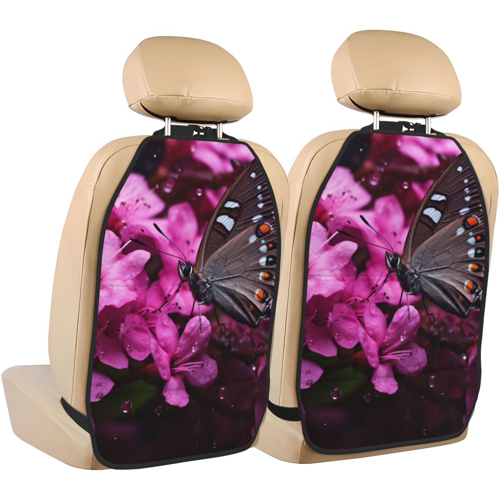 Kdxio Pink Blossoms Butterfly Print 2 Pack Car Kick Mat Seat Cover Back Protector Mat with Pockets for Organizer Backseat Protector and Storage Anti Kick Pad for Vehicles