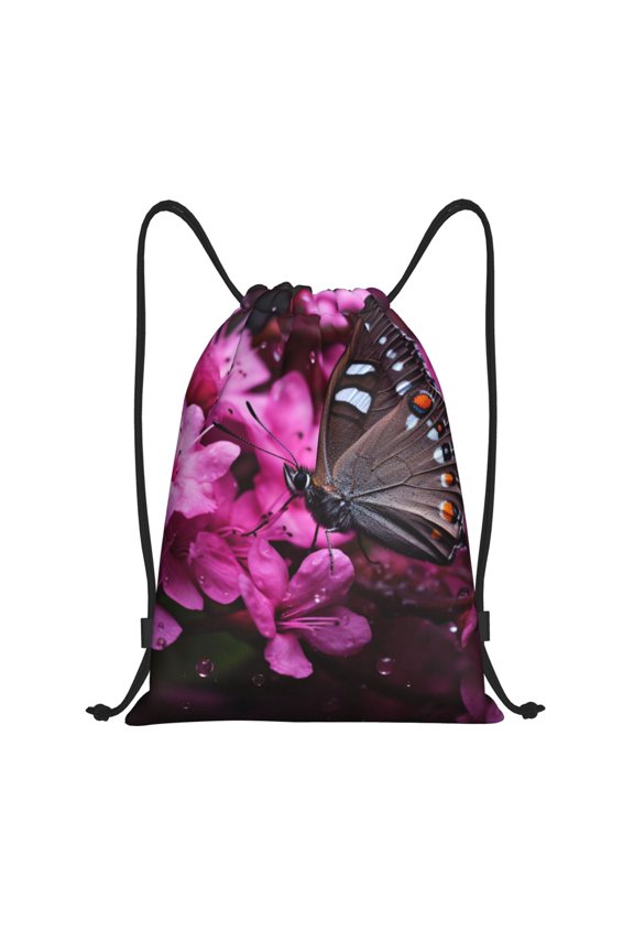 Pink Blossoms Butterfly Print Drawstring Backpack Bag,Waterproof Draw String Back Sack, Gym Drawstring Bags Swim Bag For Unisex