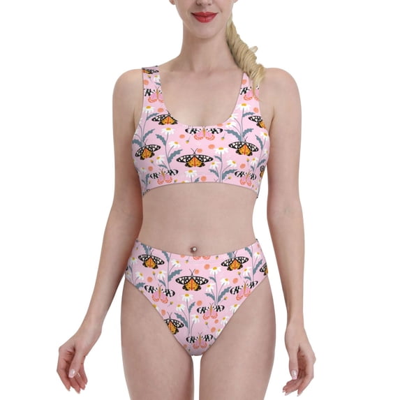 Kdxio Pink Butterfly Daisy for Womens High Waisted Bikini Top Sports Style Two Piece Bathing Suits