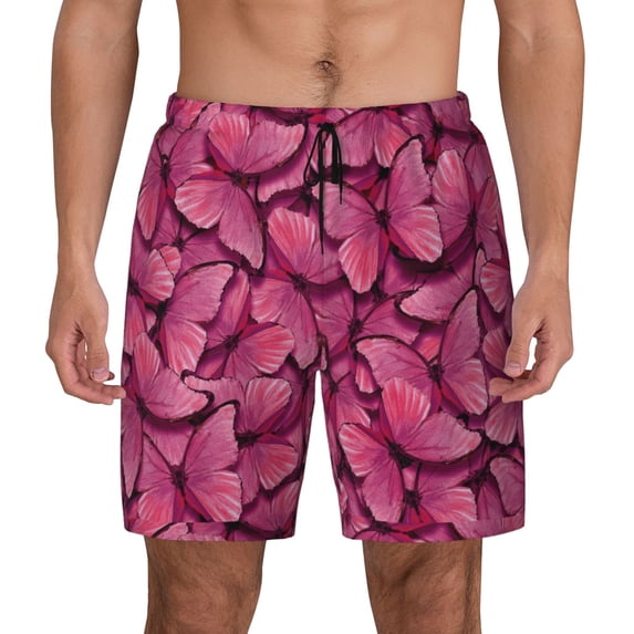 Kdxio Pink Butterfly Print Men'S Swim Trunks With Compression Liner 7 Inch Inseam Quick Dry Swim Shorts