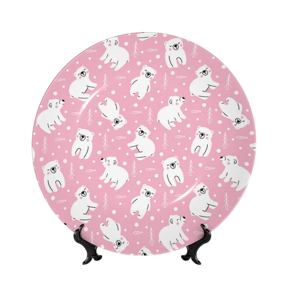 Kdxio Pink Cartoon Bear Bone China Decorative Plate Ceramic Decorative Plate for Home Office Wall Stand Decorative Plates for Home Bedroom-7in
