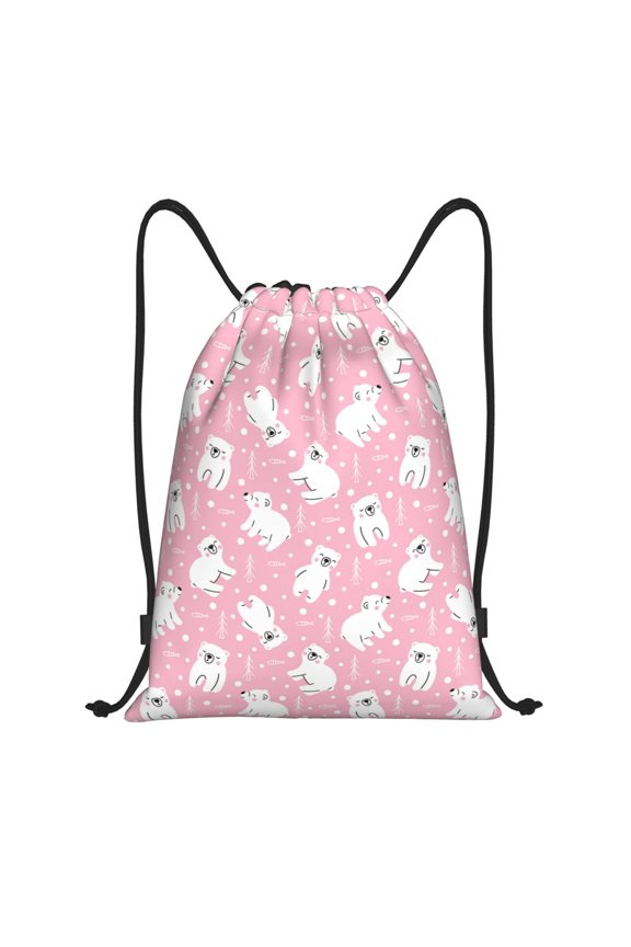 Pink Cartoon Bear Print Drawstring Backpack Bag,Waterproof Draw String Back Sack, Gym Drawstring Bags Swim Bag For Unisex