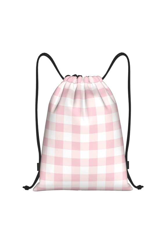 Pink Checkboard Print Drawstring Backpack Bag,Waterproof Draw String Back Sack, Gym Drawstring Bags Swim Bag For Unisex