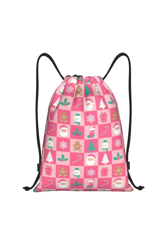 Pink Christmas Cheer Print Drawstring Backpack Bag,Waterproof Draw String Back Sack, Gym Drawstring Bags Swim Bag For Unisex