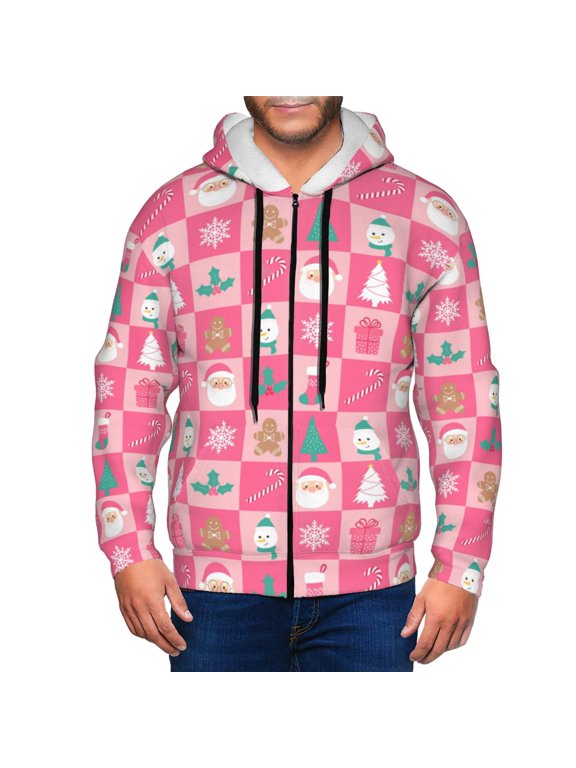 Pink Christmas Cheer Print Men Hoodies Casual Hoodies for Men with Zip Pockets Full Zip Long Sleeve Sweatshirt Sports Hooded Jacket-Small
