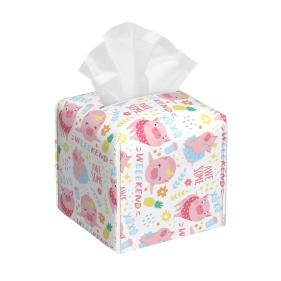 Kdxio Pink Cute Pig Print Tissue Box Cover,Square Decorative PU Leather Facial Paper Case Organizer Holder Dispenser for Bathroom,Night Stands,Desk,Car 5.2''X5.2''X5.2''