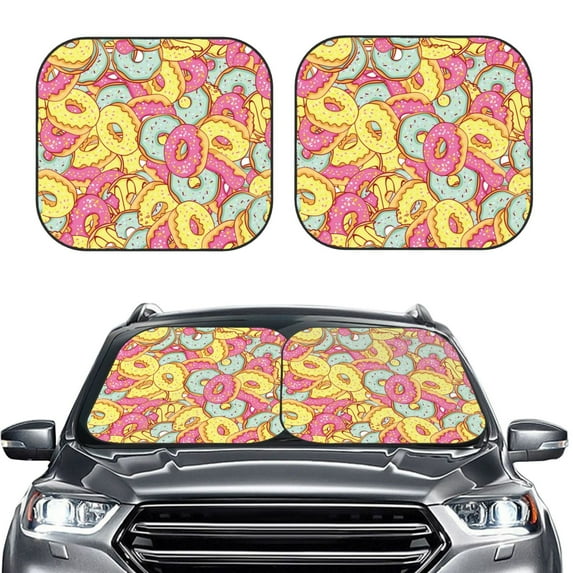 Kdxio Pink Donut And Blue Print 2-Piece Sun Shade Front Windshield - Foldable Car Front Window Sunshades For Most Sedans Suv Truck