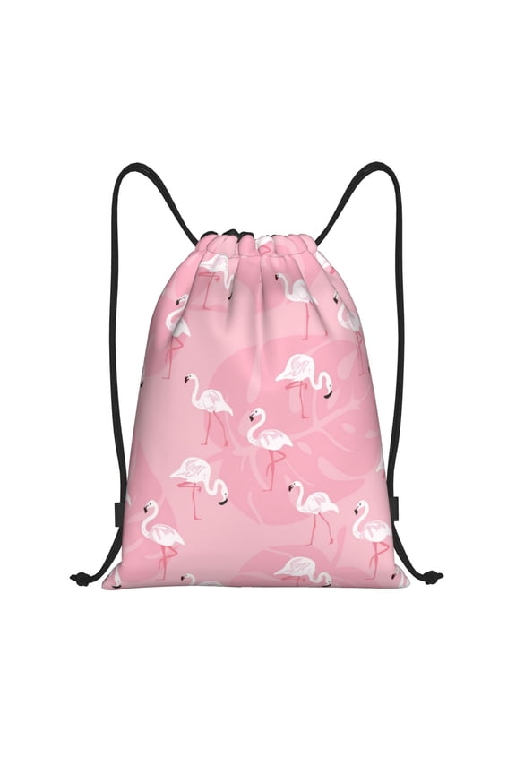 Pink Flamingos and Flowers Print Drawstring Backpack Bag,Waterproof Draw String Back Sack, Gym Drawstring Bags Swim Bag For Unisex