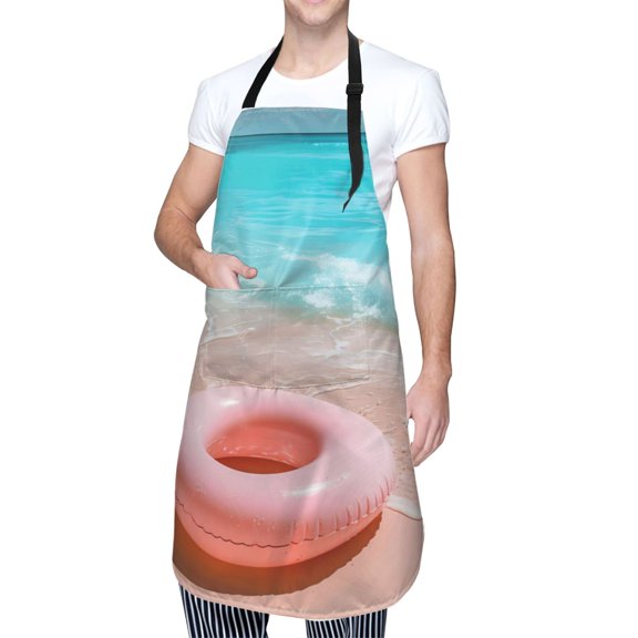 Kdxio Pink Float Ring On Beach Apron with Pockets Adjustable Kitchen Aprons for Men Women Waterproof Aprons for Cooking,Drawing,Crafting, Baking Household Cleaning
