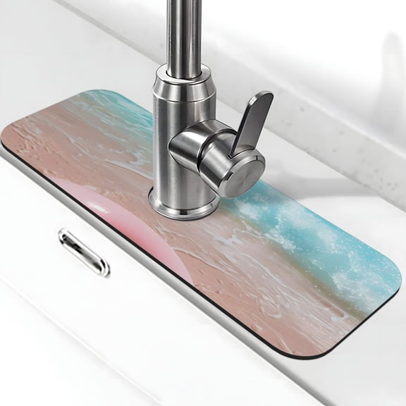 Kdxio Pink Float Ring On Beach Pattern Non-Slip Diatom Mud Faucet Drain Pad,Self Absorbent Mat for Kitchen Sink for Variety Kitchen & Bathroom Countertops