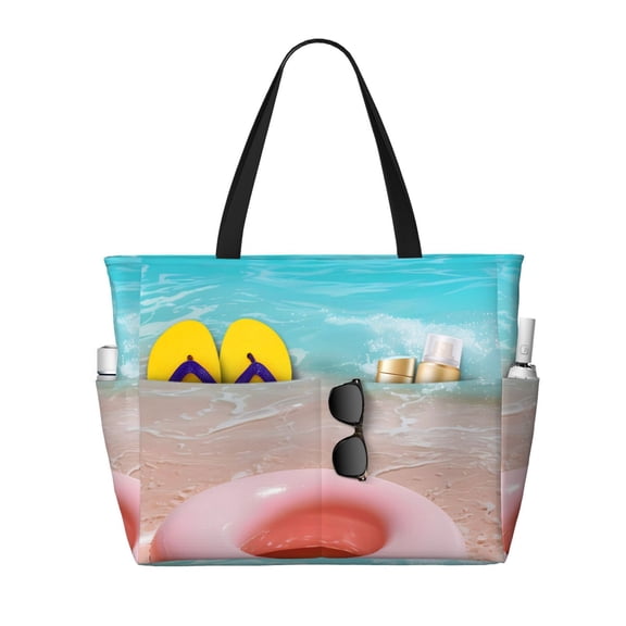 Kdxio Pink Float Ring On Beach for Beach Bag for Women Large Beach Tote Bag Waterproof Sandproof Swim Bag with Zipper Pockets Beach Vacation Travel