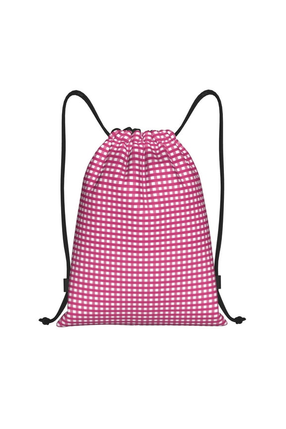 Pink Gingham Print Drawstring Backpack Bag,Waterproof Draw String Back Sack, Gym Drawstring Bags Swim Bag For Unisex