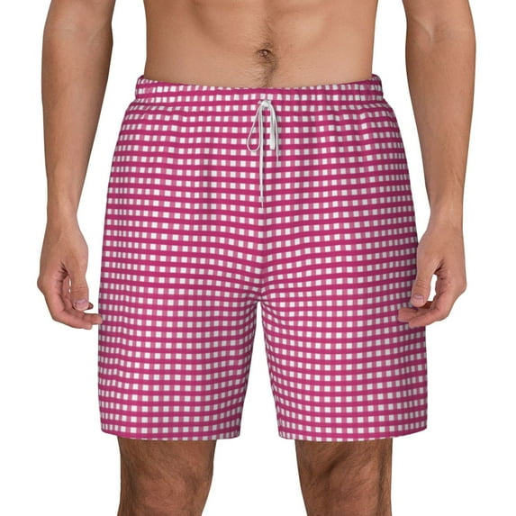 Kdxio Pink Gingham Print Men'S Swim Trunks With Compression Liner 7 Inch Inseam Quick Dry Swim Shorts