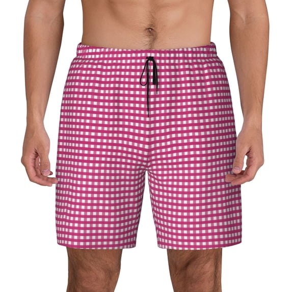 Kdxio Pink Gingham Print Men'S Swim Trunks With Compression Liner 7 Inch Inseam Quick Dry Swim Shorts