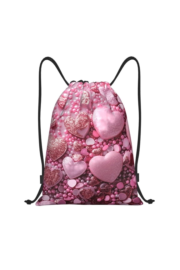 Pink Glitter Heart Candy Print Drawstring Backpack Bag,Waterproof Draw String Back Sack, Gym Drawstring Bags Swim Bag For Unisex