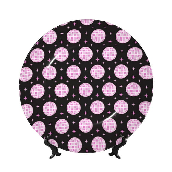 Kdxio Pink Groovy Disco Ball Bone China Decorative Plate Ceramic Decorative Plate for Home Office Wall Stand Decorative Plates for Home Bedroom-7in