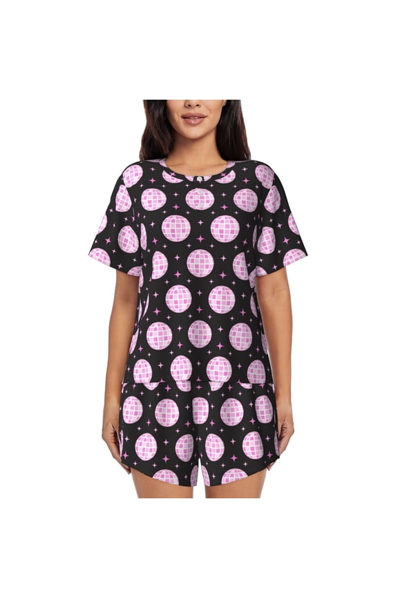 Pink Groovy Disco Ball Print Pajamas Sets for Women Short-Sleeved Pjs with Lounge Shorts Two Piece Sleepwear S-4XL