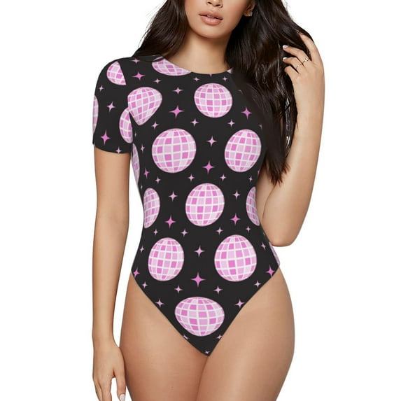Kdxio Pink Groovy Disco Ball for Women's Short-Sleeved Onesie Stylish Round Neck Pajamas Bodysuit Jumpsuit Nightwear-X-Large