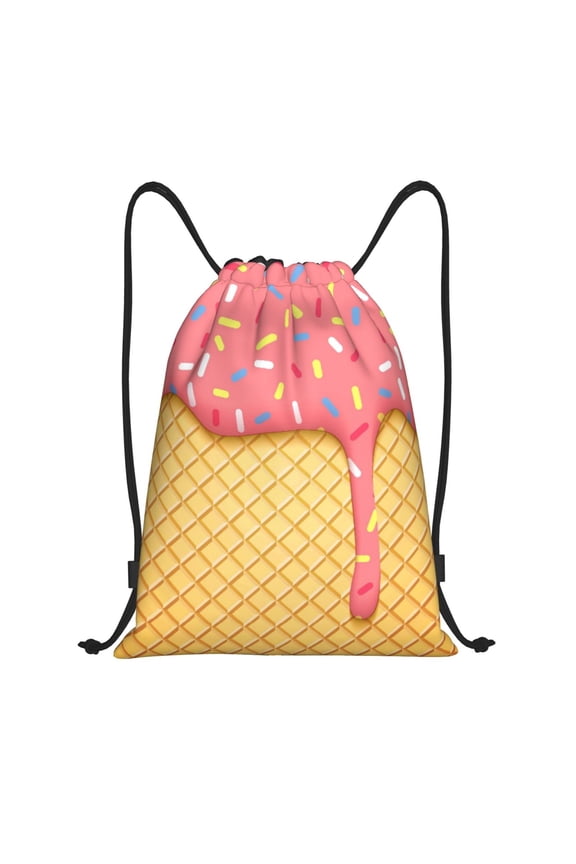 Pink Ice Cream Print Drawstring Backpack Bag,Waterproof Draw String Back Sack, Gym Drawstring Bags Swim Bag For Unisex