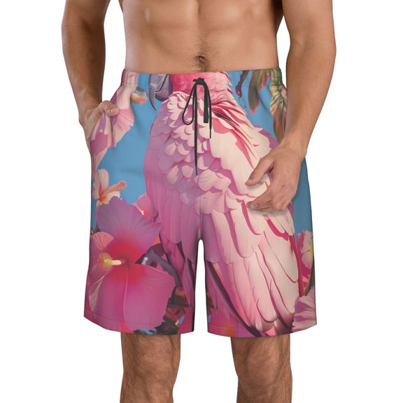 Kdxio Pink Parrot Tropical Blossoms Pattern Mens Casual Shorts - Drawstring Summer Beach Sports Shorts for Men