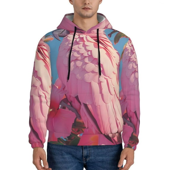 Kdxio Pink Parrot Tropical Blossoms Print Mens Casual Hooded Collar Drawstring Hoodies Pullover Sweatshirts Casual Long Sleeve Shirts-Medium