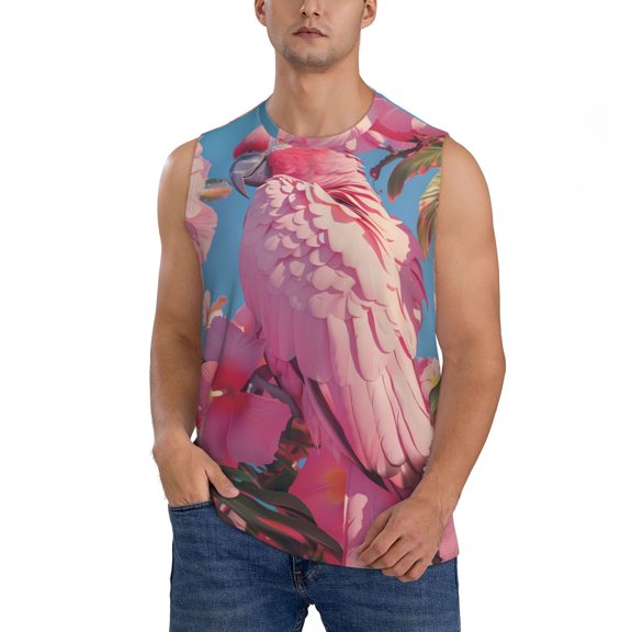 Kdxio Pink Parrot Tropical Blossoms for Men's Muscle T-shirt,Sleeveless for Workout Running Athletic Gym Lounge Casual