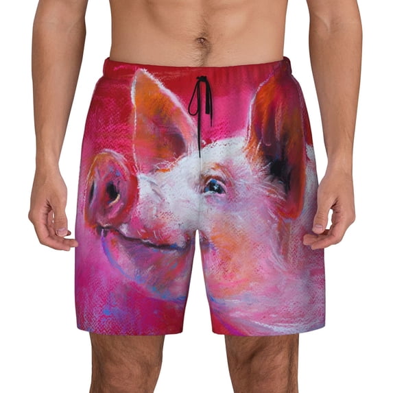 Kdxio Pink Pig Print Men'S Swim Trunks With Compression Liner 7 Inch Inseam Quick Dry Swim Shorts