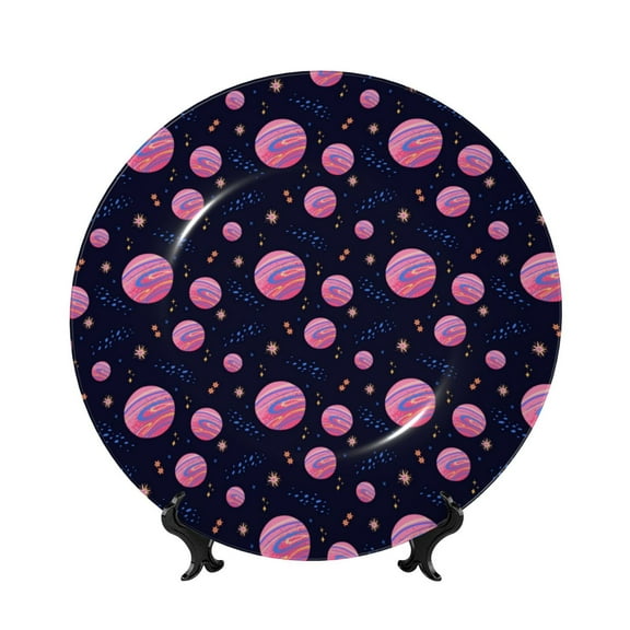 Kdxio Pink Planets And Stars Bone China Decorative Plate Ceramic Decorative Plate for Home Office Wall Stand Decorative Plates for Home Bedroom-8in