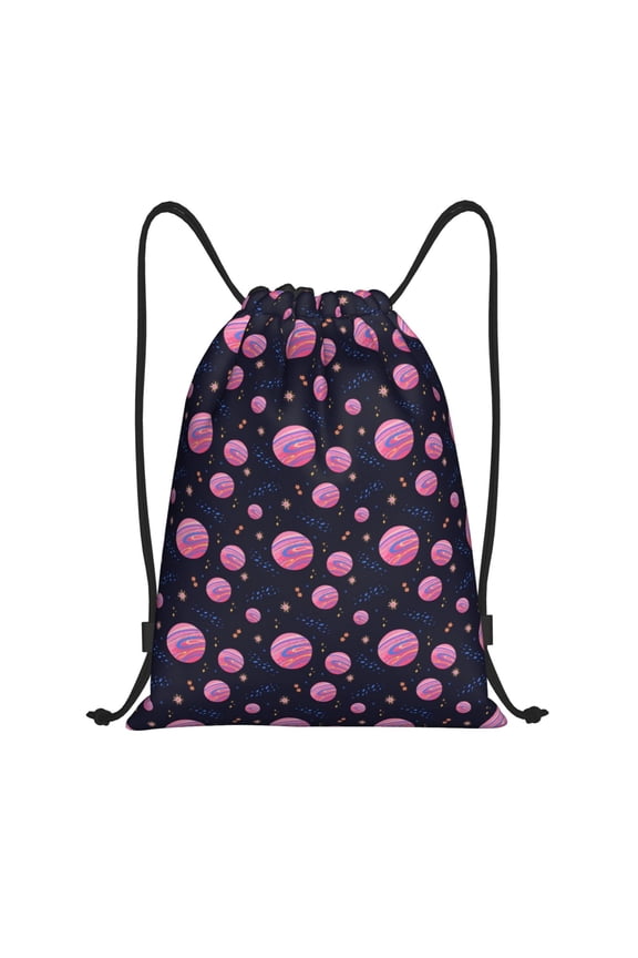 Pink Planets And Stars Print Drawstring Backpack Bag,Waterproof Draw String Back Sack, Gym Drawstring Bags Swim Bag For Unisex