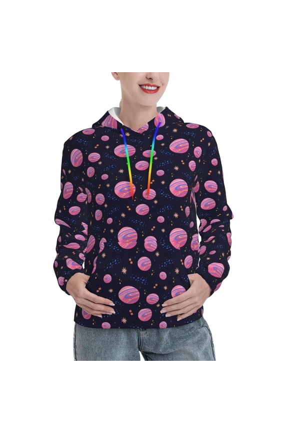 Pink Planets And Stars Print Womens Oversized Hoodies Sweatshirts Hooded Pullover Tops Sweaters Casual-Large