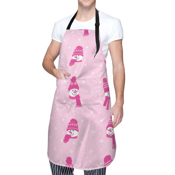 Kdxio Pink Scarf Snowman Apron with Pockets Adjustable Kitchen Aprons for Men Women Waterproof Aprons for Cooking,Drawing,Crafting, Baking Household Cleaning