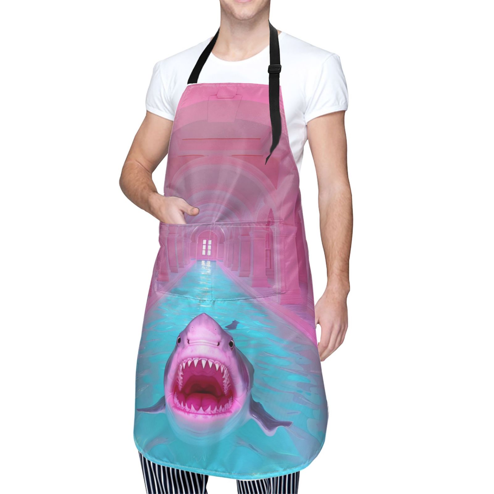 Kdxio Pink Shark Pool Fantasy Apron with Pockets Adjustable Kitchen Aprons for Men Women Waterproof Aprons for Cooking,Drawing,Crafting, Baking Household Cleaning